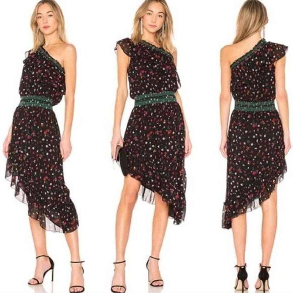 Joie Hafsa Silk Black Pink Floral One Shoulder Dress